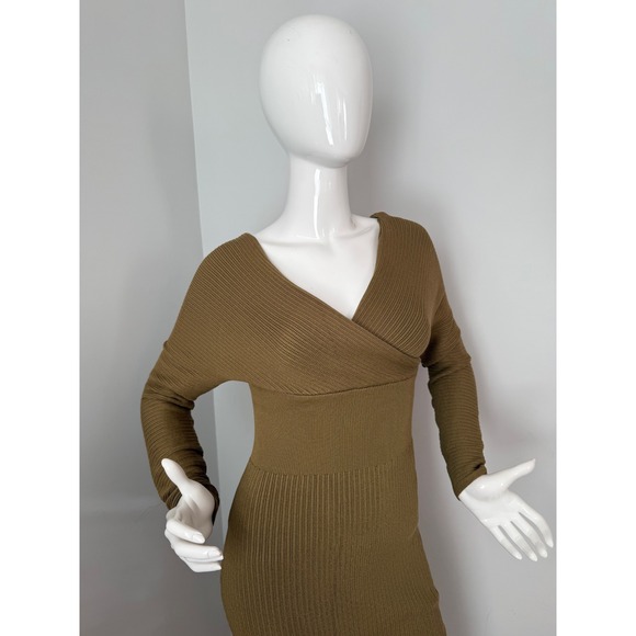 Commense Ribbed Knit Midi Dress Long Sleeve V Neck Olive Career Casual‎ size XS - Picture 14 of 14